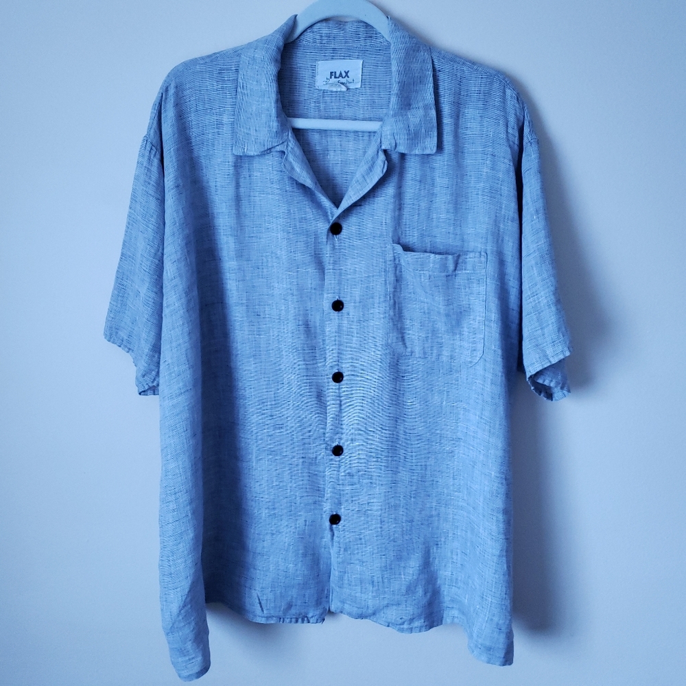 Flax by Jeanne Engelheart Men's Linen M Gray Button Down Short Sleeve Shirt